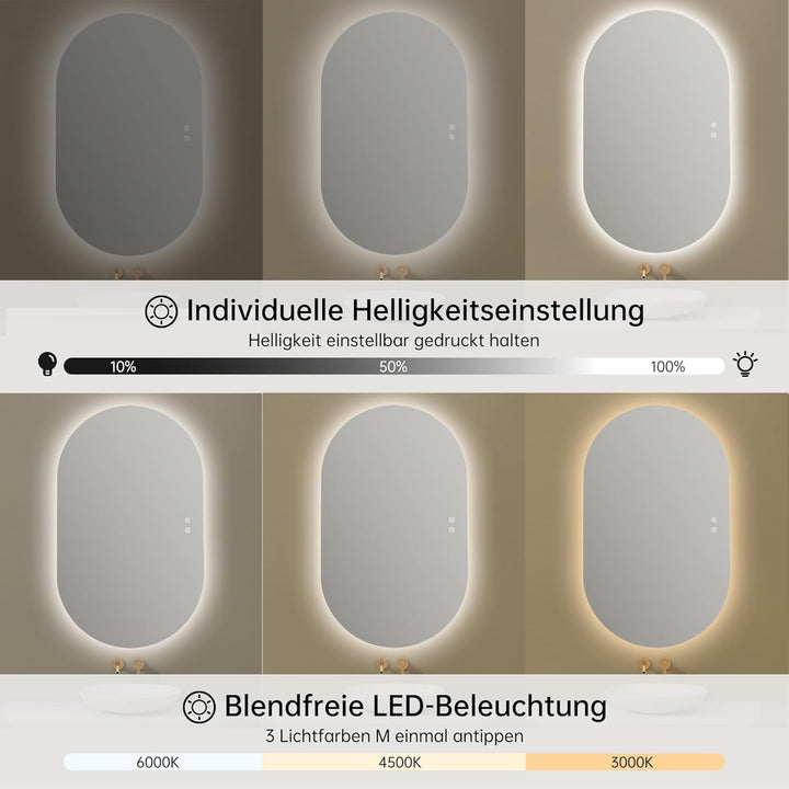 100x60cm LED Badspiegel mit Beleuchtung Oval | Badezimmerspiegel mit Beleuchtung,Beschlagfrei,Touch-