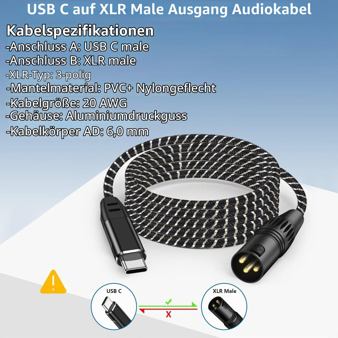 USB C auf XLR Audiokabel,2M Type C auf XLR Male Output Stereo Kabel,für Verstärker, Lautsprecher, Mi