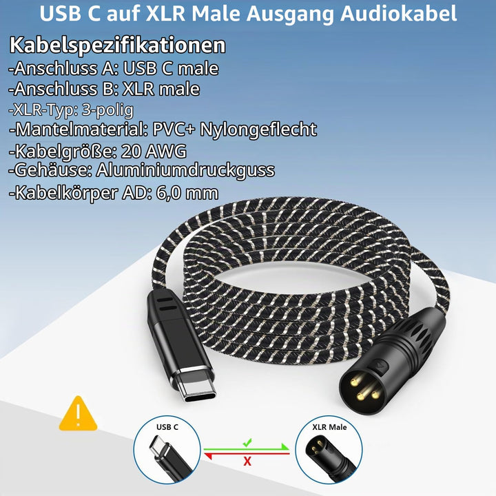 USB C auf XLR Audiokabel,2M Type C auf XLR Male Output Stereo Kabel,für Verstärker, Lautsprecher, Mi