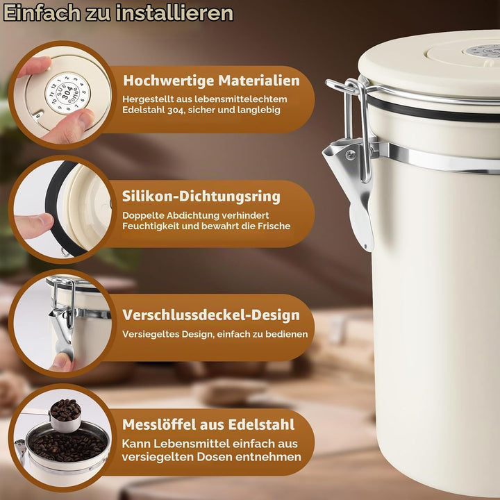 Kaffeedose Luftdicht Edelstahl 304, 1,8 L Kaffeebohnen Behälter Mit EdelstahllöFfel Und Zeiterfassun