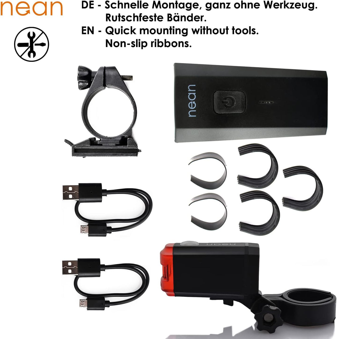 nean LED Akku Fahrradlicht Beleuchtungsset mit StVZO, 50 LUX 8 Candela, Fahrradlampe, Fahrrad Frontl