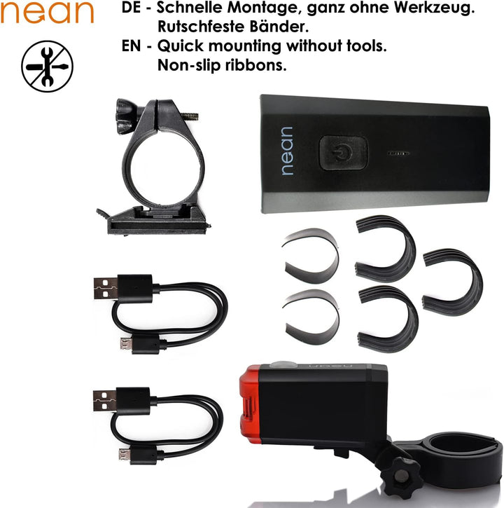 nean LED Akku Fahrradlicht Beleuchtungsset mit StVZO, 50 LUX 8 Candela, Fahrradlampe, Fahrrad Frontl