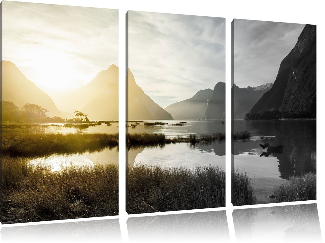 Pixxprint Milford Sound Neuseeland als Leinwandbild/Grösse: 3 Teilig (120x80 cm) cm/Wandbild/Kunstdr