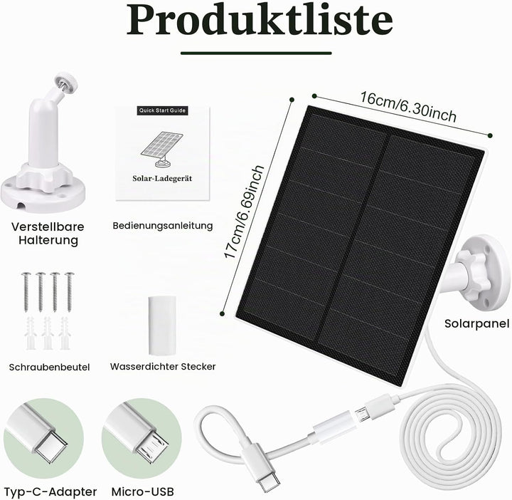 Solarpanel für Überwachungskamera Aussen, 5W Kamera Solarmodul mit Micro USB &amp; USB-C Anschluss Solar