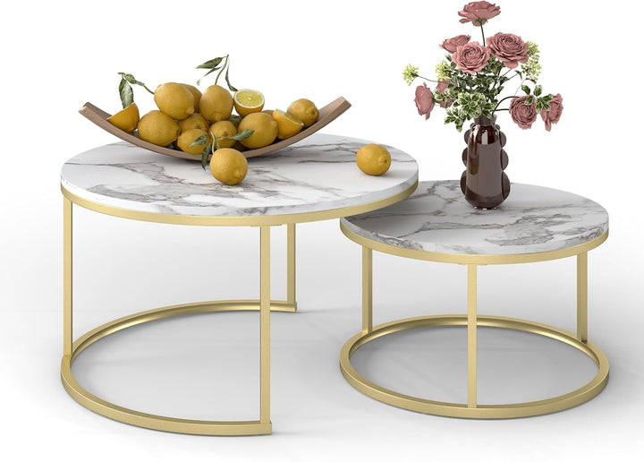 Marmor Couchtisch Gold, Couchtisch 2er Set mit 1 Grosser Couchtisch Rund und 1 Kleiner Tisch, Beiste