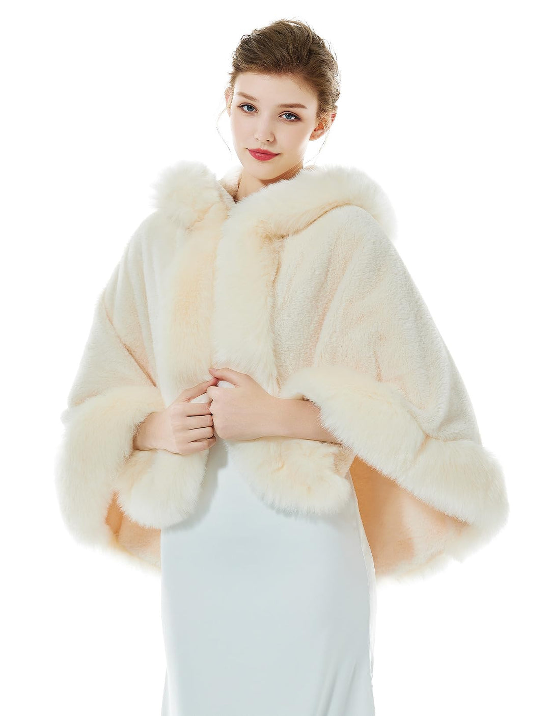 BEAUTELICATE Damen Kunstpelz Braut Umhang mit Kapuze Winter Braut Poncho Cape Kurz Warm Kunstpelz St