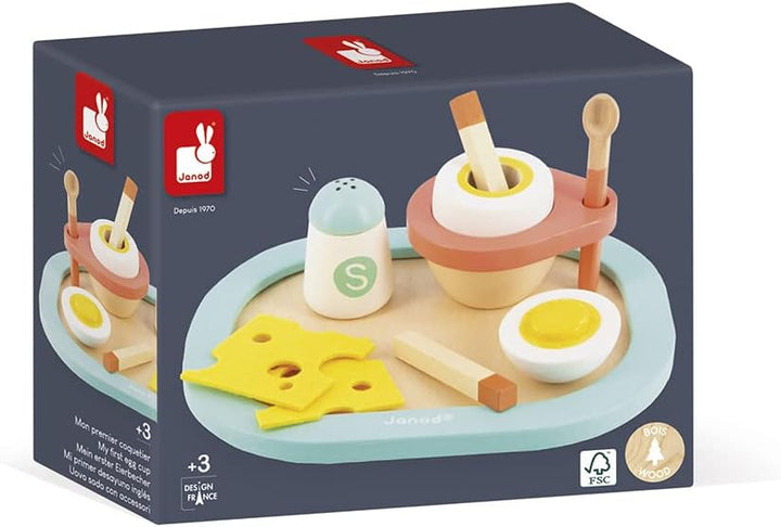 Janod J06625 My First Egg Cup-Imitation Kitchen and Dinette Toy-9 Elements Included-FSC Certified-Wa