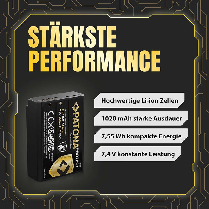 PATONA Protect V1 (2X) Ersatz für Akku Canon LP-E10 (echte 1020mAh) mit NTC-Sensor und V1 Gehäuse ko