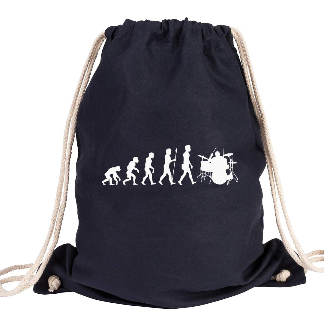 JUNIWORDS Turnbeutel - Wähle ein Motiv & Farbe - "Evolution Schlagzeug" (Beutel: Marine Blau, Motiv: