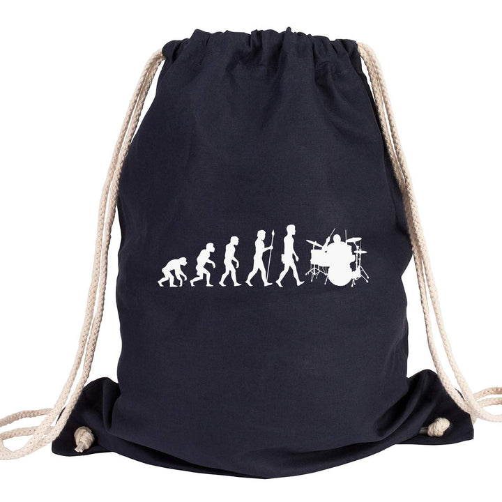 JUNIWORDS Turnbeutel - Wähle ein Motiv & Farbe - "Evolution Schlagzeug" (Beutel: Marine Blau, Motiv: