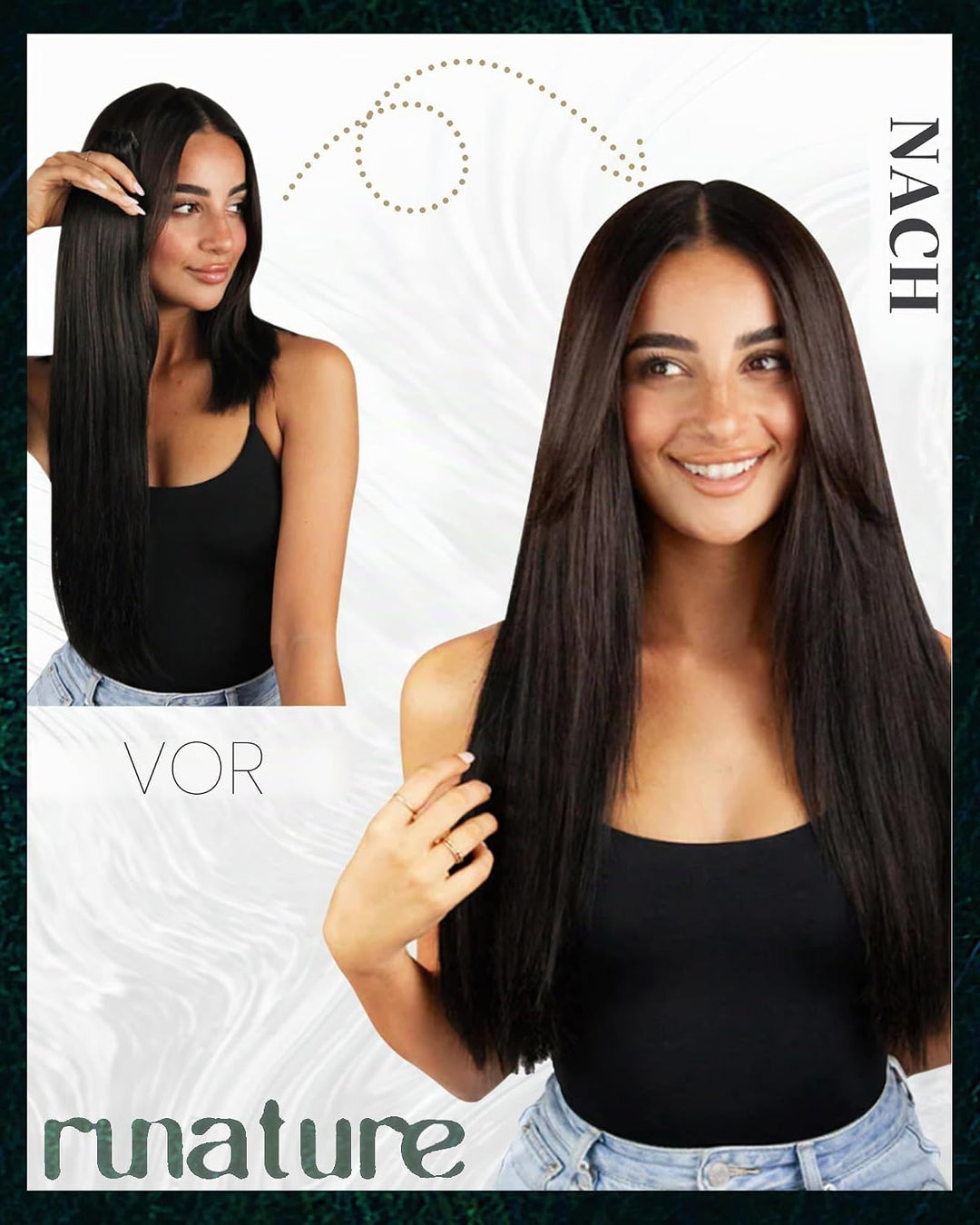 RUNATURE Tape in Extensions Echthaar Schwarz Ombre Grün Echthaar Extensions Tape 35cm 20 Stück 40g 