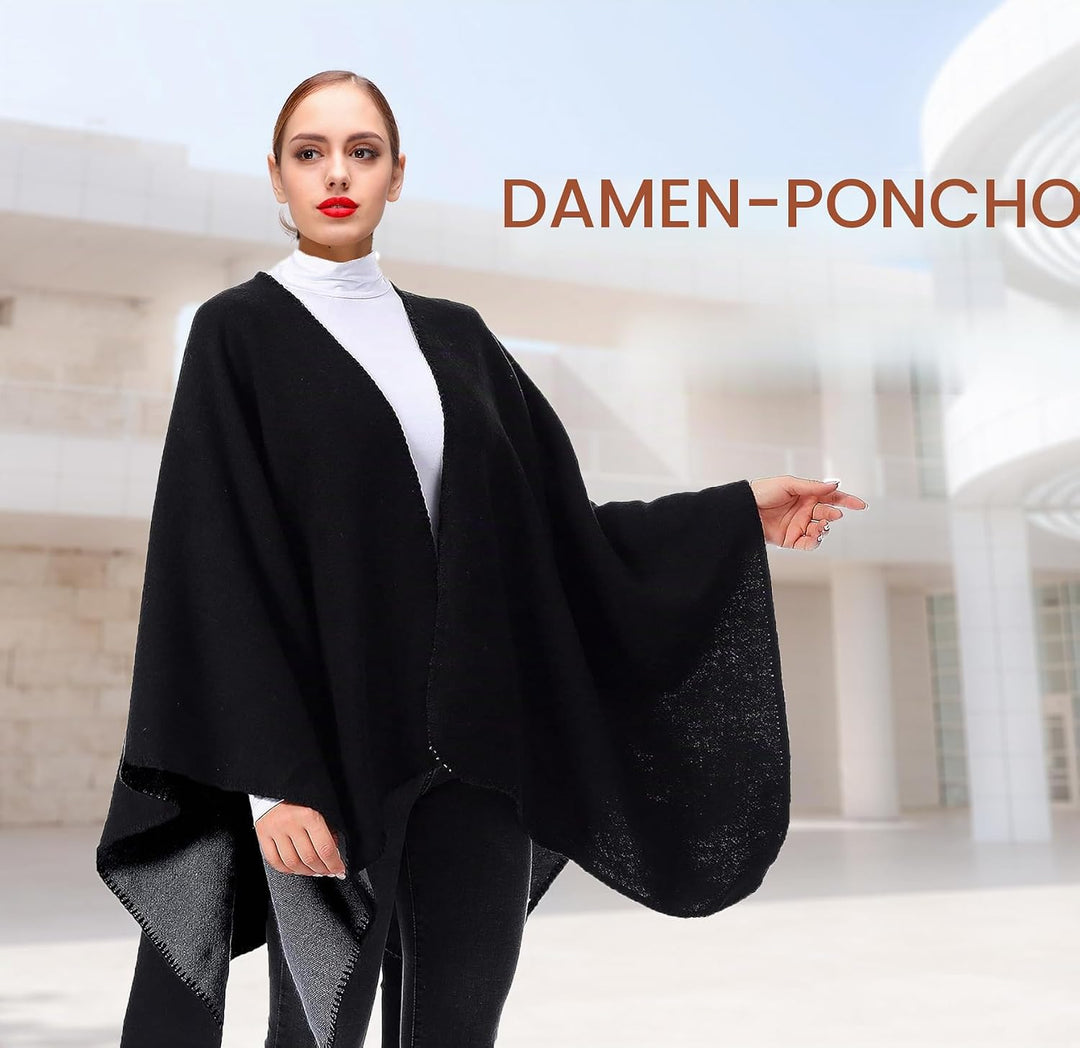 Shmily Girl - Damen Poncho Habe Gestrickt Überdimensionalen Decke Kap-Schal Schwarz &amp; Grau, Schwarz