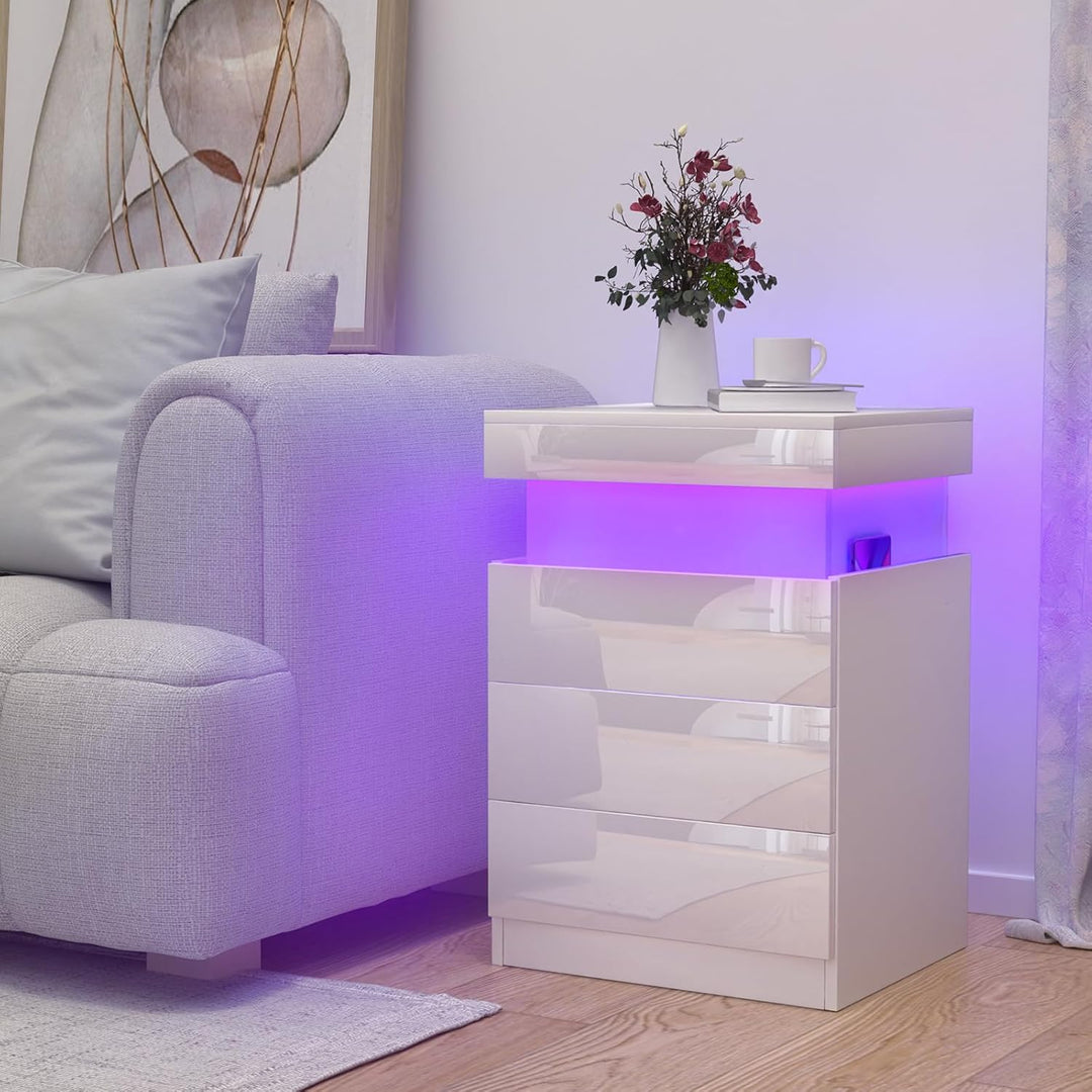 Nachttisch mit Steckdose, Nachtschrank mit Led Licht, Nachtkommode mit 3 Schubladen und Versteckte S