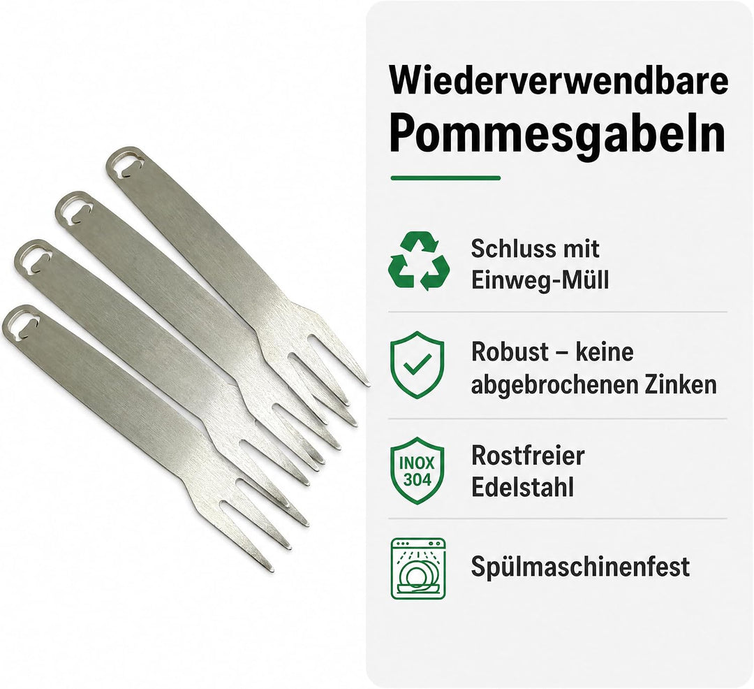 Pommesgabel 10 Stück mit Holzbox Pommesgabeln aus rostfreiem Edelstahl ideal für Pommes, Wurst oder
