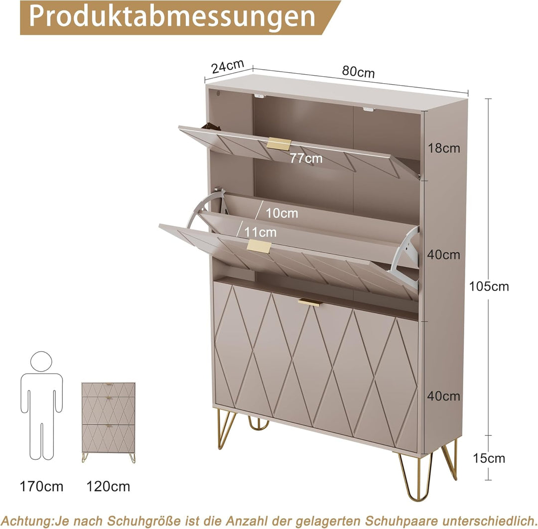 UEV Schuhschrank mit 2 Klappen, 80 x 24 x 120 cm für 16 Paar Schuhe Schuhkommode schmal, Schuhregal