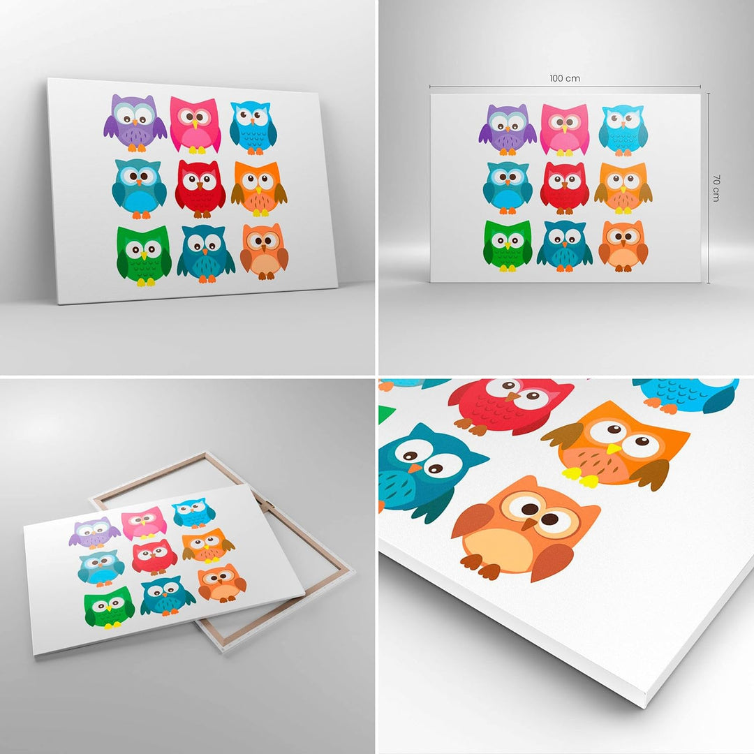Bilder auf Leinwand 100x70cm Leinwandbild Eulen Bunt Kinder Zeichnung Gross Wanddeko Bild Schlafzimm