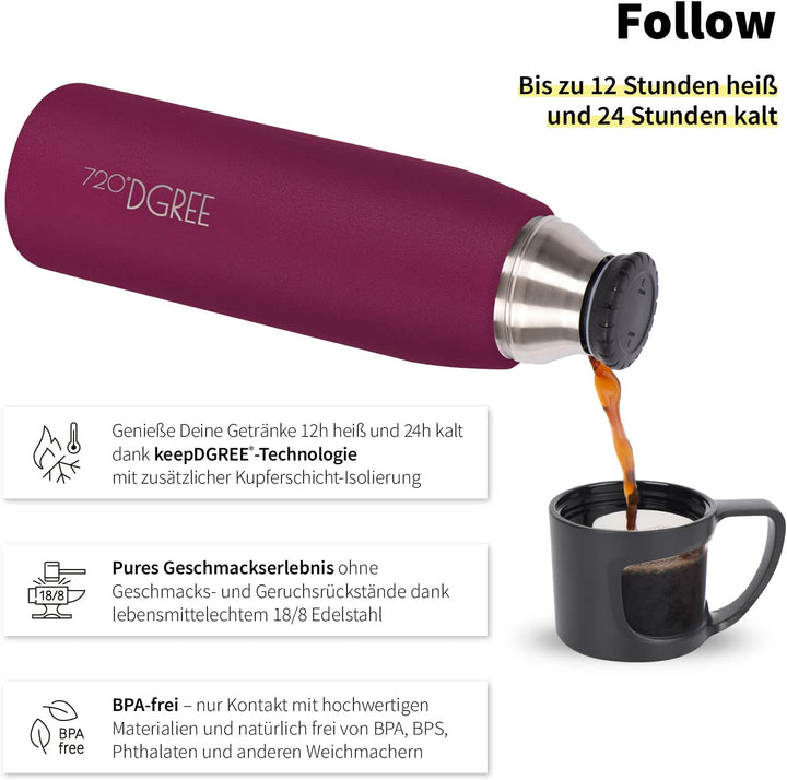 720°DGREE Thermoskanne mit Becher 1l “Follow” - 3 Grössen, 12h Heiss, 24h Kalt, Auslaufsicher, BPA-F