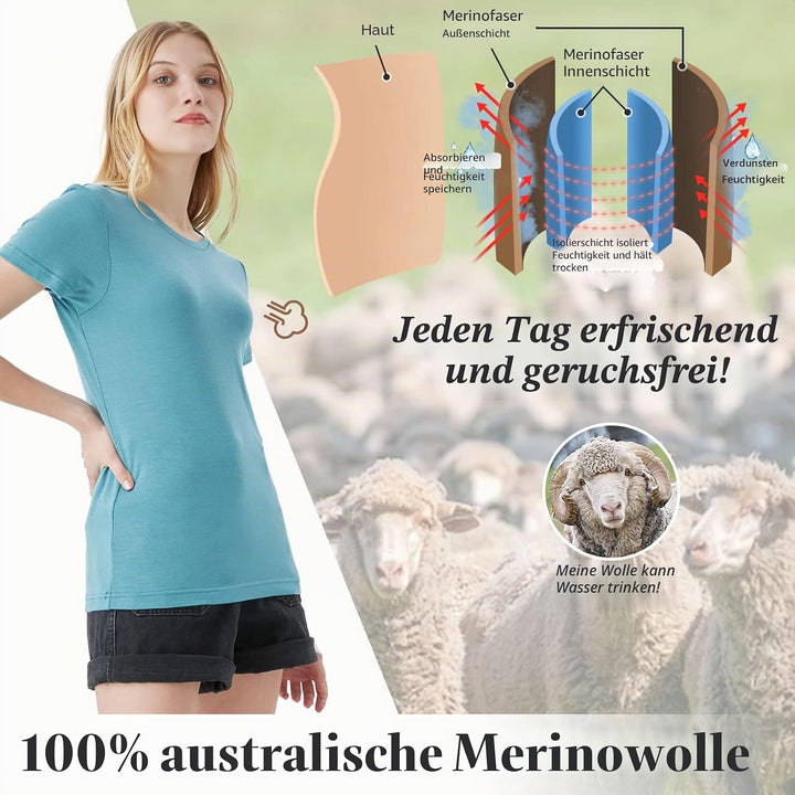 Merino Protect 100% Merino Wolle Shirt Damen Kurzarm Rundhals Wolle Unterhemd Geruchsresistenz Funkt