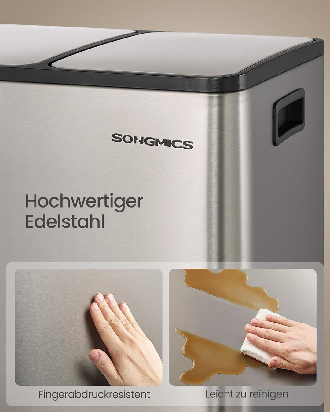 SONGMICS Mülleimer Küche, 2 x 15 L, Mülltrennsystem 2 Fächer, Abfalleimer mit 15 Müllbeuteln, Tretmü