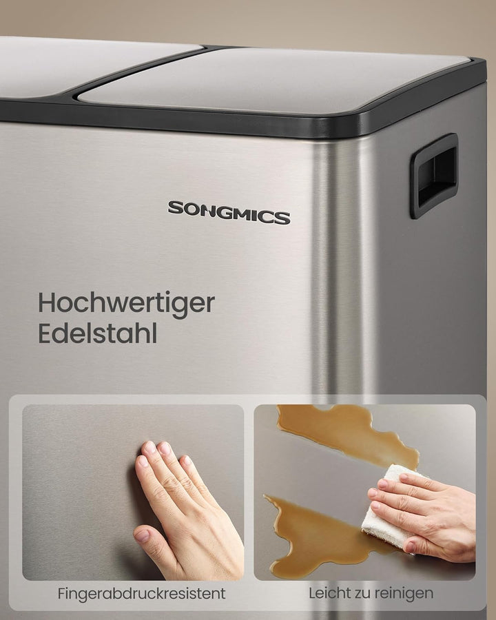 SONGMICS Mülleimer Küche, 2 x 15 L, Mülltrennsystem 2 Fächer, Abfalleimer mit 15 Müllbeuteln, Tretmü