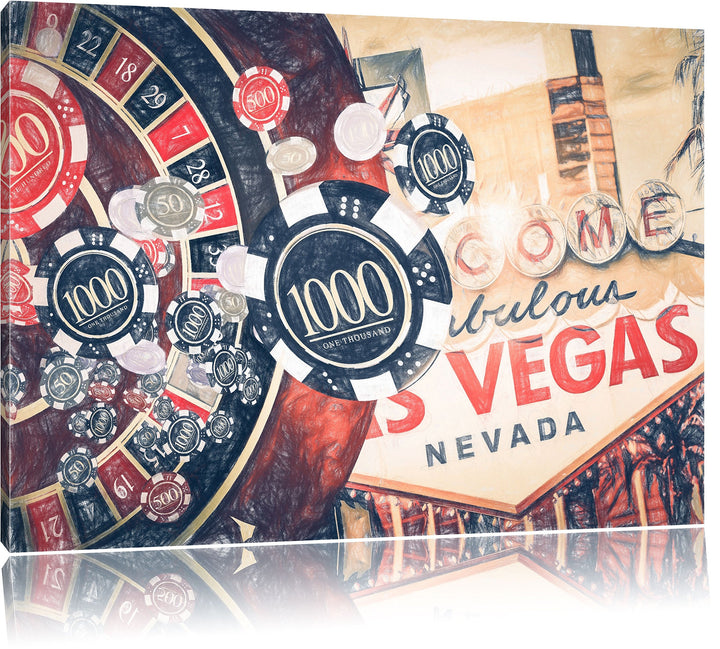 Pixxprint Las Vegas Casino Roulette / 100x70cm Leinwandbild bespannt auf Holzrahmen/Wandbild Kunstdr