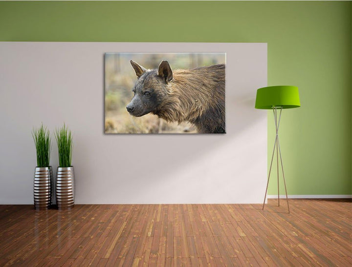 Pixxprint anmutige Hyäne im Wildgras auf Leinwand, XXL riesige Bilder fertig gerahmt mit Keilrahmen,