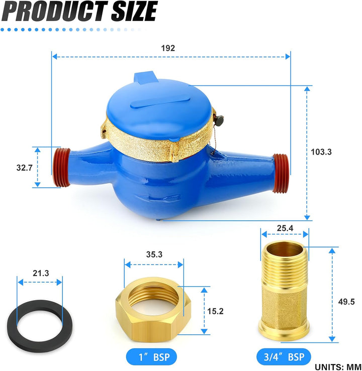 MEANLIN 2PCS 3/4" BSP Kupplungen Wasserzähler Kaltwasser-Zähler für Garten oder Haushalt 20 mm Messu
