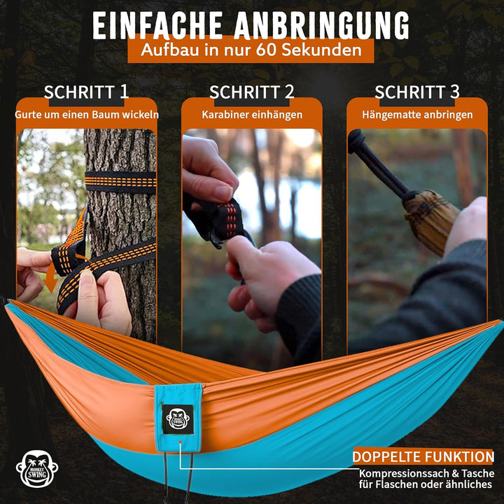 Monkey Swing Hängematte inkl. Aufhängeset I 275 x 140 cm I für Outdoor, Travel, Trekking &amp; Camping,