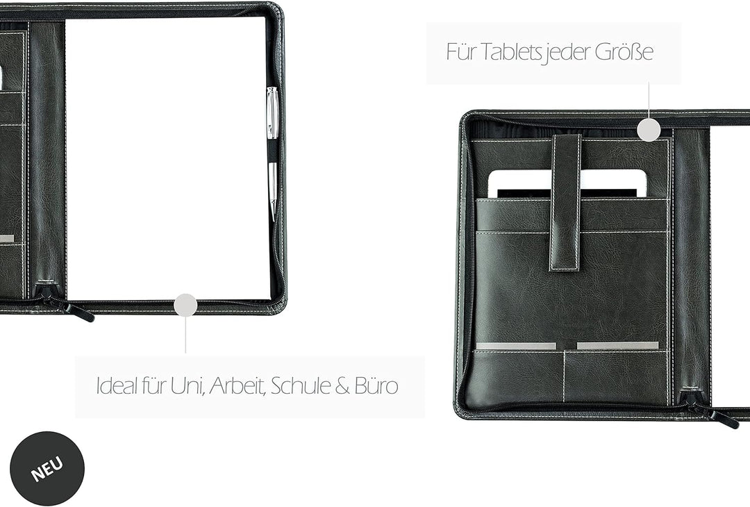 DELMON VARONE - Tablet Schreibmappe mit Reissverschluss inkl. Notizblock DIN A4 aus veganem Eco Kuns