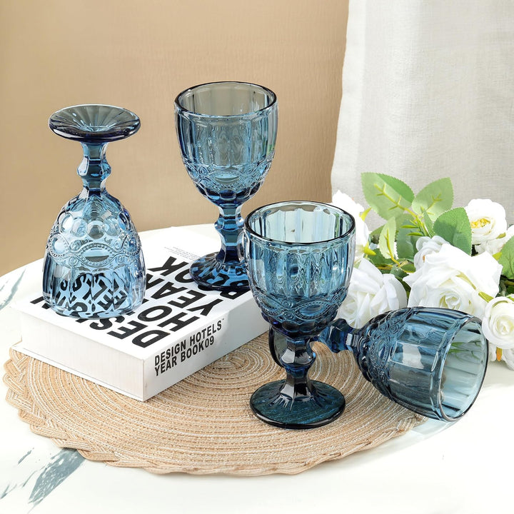 Joeyan Blau Vintage Weingläser mit Geprägtem Design,Farbiger Relief Rotweingläser Weissweingläser,Tr