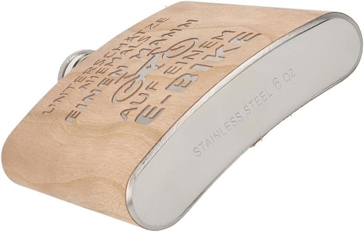 Spruchreif | Gravierter Edelstahl Flachmann | Holz Flachmann mit Gravur E-Bike | Outdoor Geschenk |