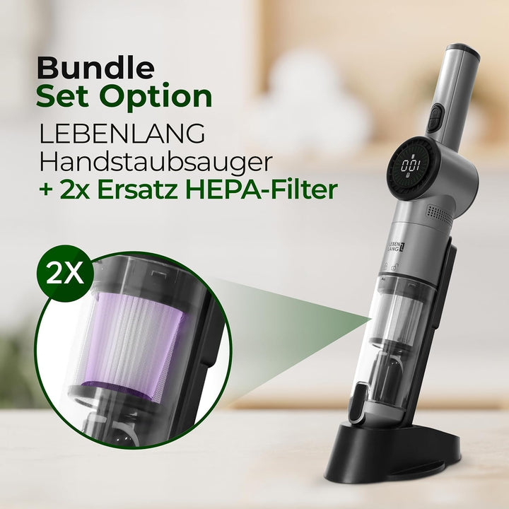 LEBENLANG Bundle Set Handstaubsauger Akku TESTSIEGER & 2X HEPA-Filter I Dual-Filter & Li-Ion I Inkl.