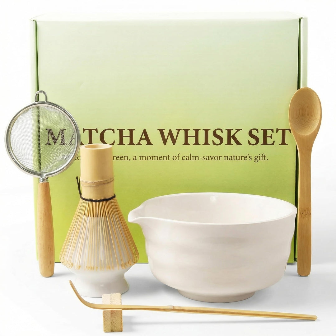 Accwork Matcha Set, 7er-Set Macha Tea Set Matcha zubehör mit Matcha Löffel, Matcha Schale mit Auslau