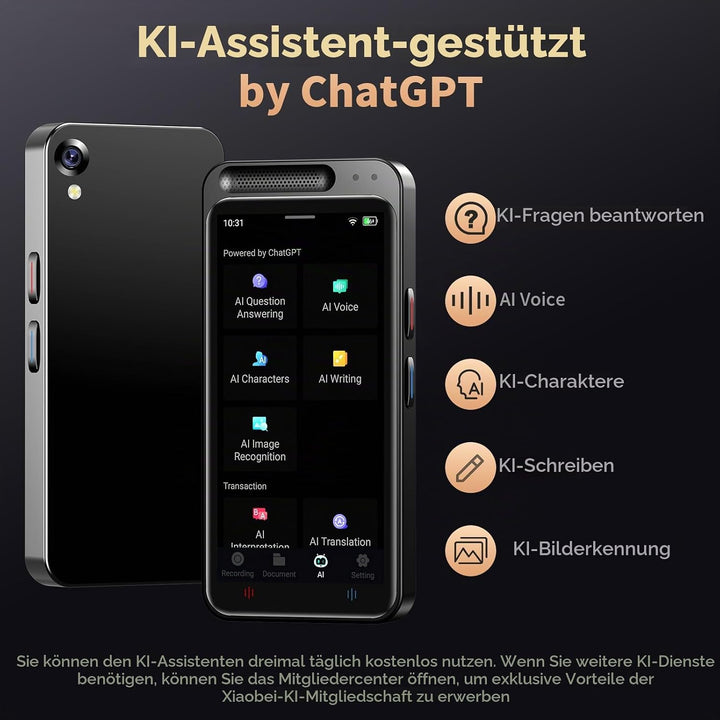 Digitales Diktiergerät Aufnahmegerät mit KI Schreibfunktion und Zusammenfassen,Übersetzung Online Of