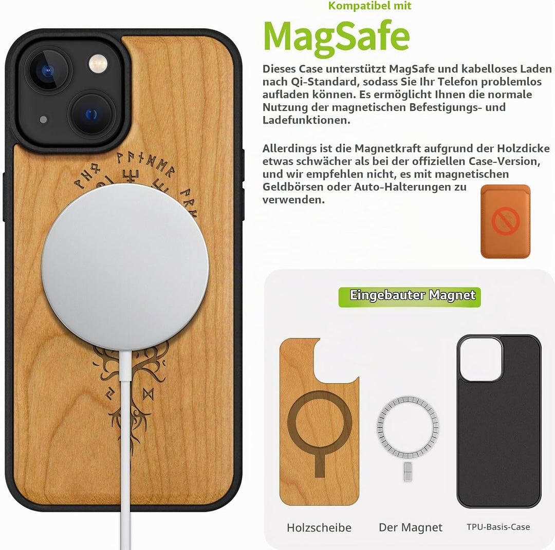 Carveit Holz Cover für iPhone 15 hülle, Kompatibel mit Magsafe Silikon Stossfeste Cover, Magnetisch