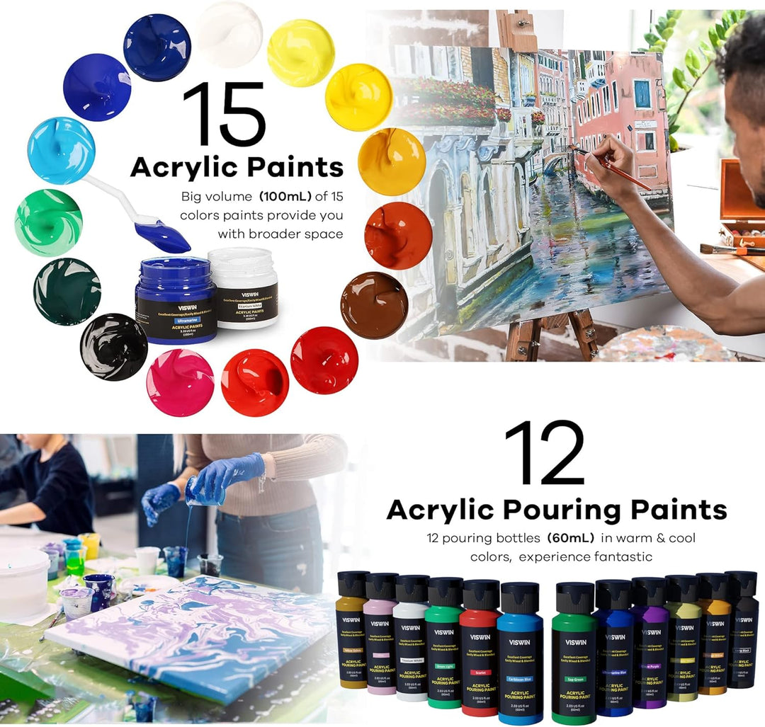 VISWIN Deluxe Acrylfarben-Set, Künstler-Malset mit französischer Staffelei, 15–100 ml Acrylfarben, 8