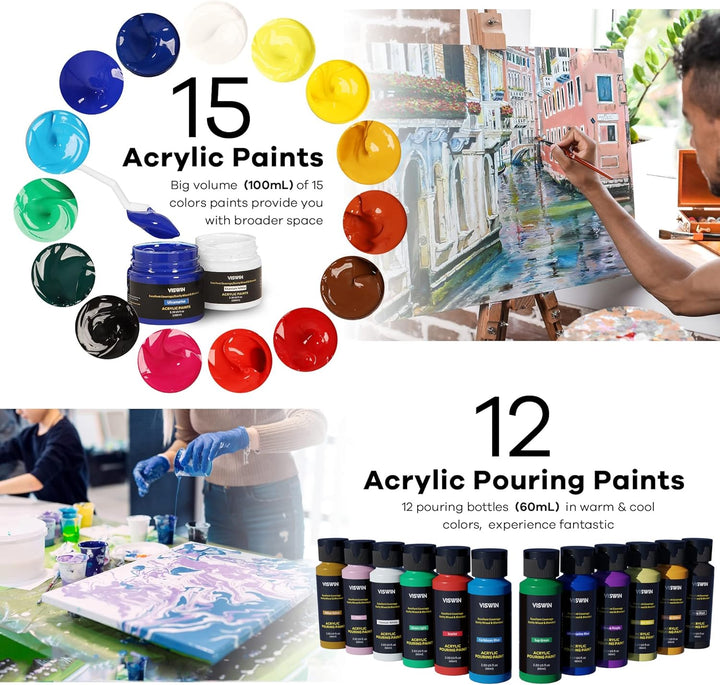 VISWIN Deluxe Acrylfarben-Set, Künstler-Malset mit französischer Staffelei, 15–100 ml Acrylfarben, 8