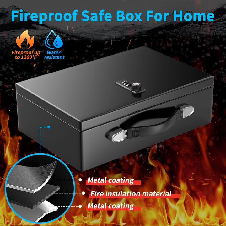 Mejasg Tragbarer Feuerfeste Dokumentenbox Tresor Feuerfest mit Zahlencode und Schlüssel, 18L Safe Tr
