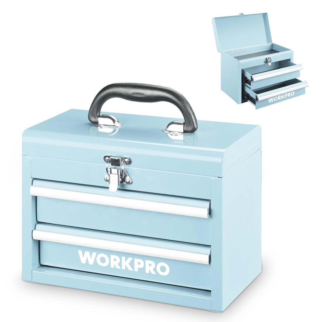WORKPRO Metall Schubladenbox mit 2 Schubladen & Oberer Stauraum Hellblau, 27,5x15x20,8cm Tisch Organ