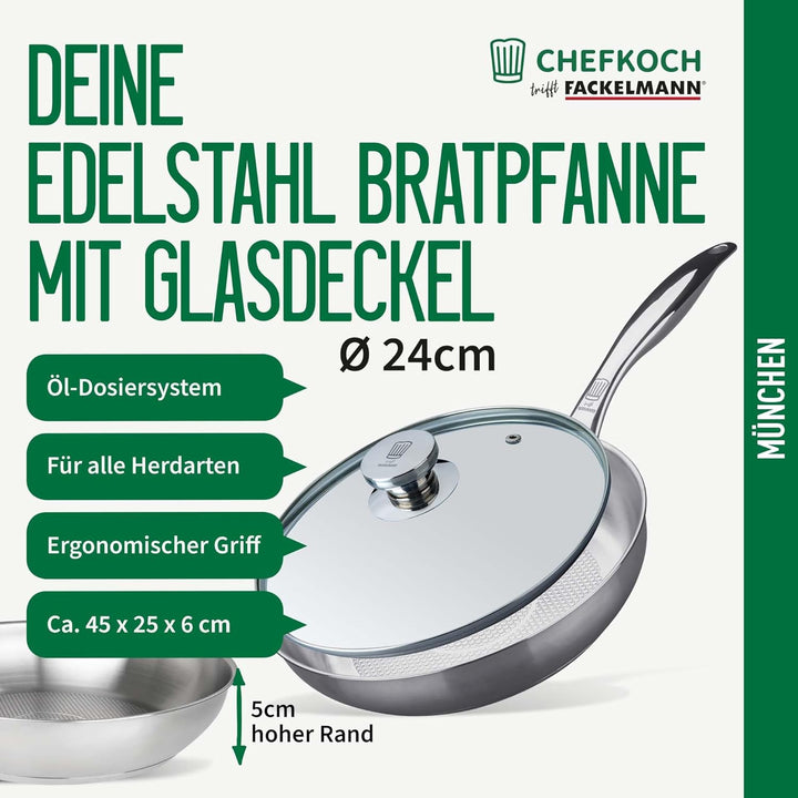 Chefkoch trifft Fackelmann Bratpfanne München Ø 24 cm aus Edelstahl mit Glasdeckel – Wabenboden, PFA