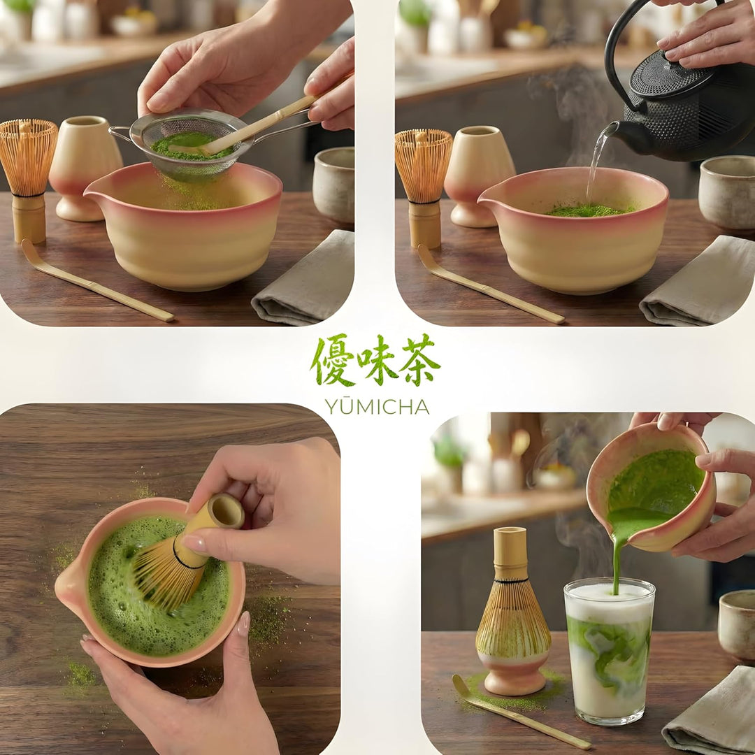 Matcha Set Komplett 7-teilig – Matcha Tee Set mit Schale, Bambusbesen (Chasen), Löffel, Halter & Auf