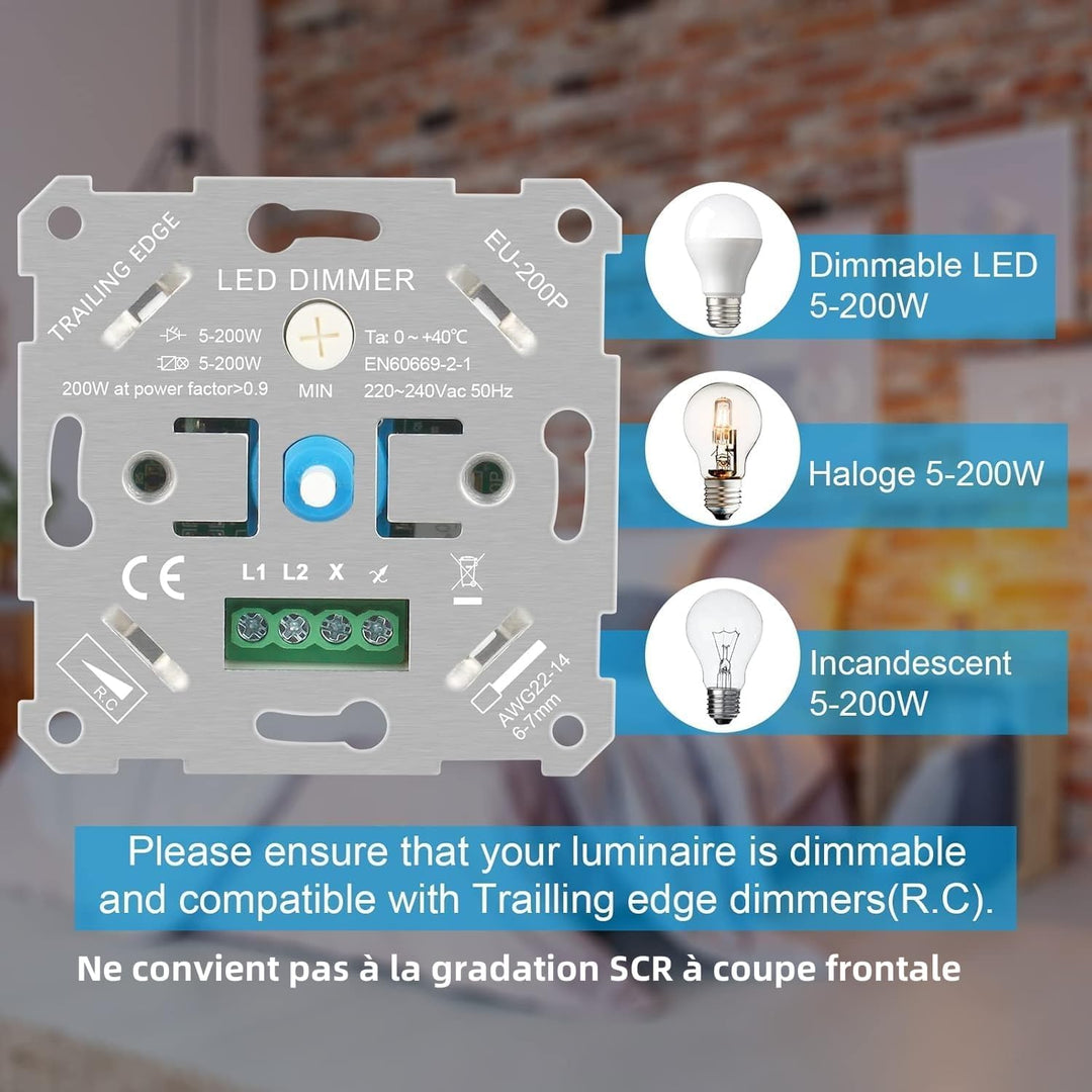 VIPMOON Dimmer Schalter 220-240V Dimmer für Led Lampen 5-200W Push-On/Off Rotary Phasenabschnittsdim