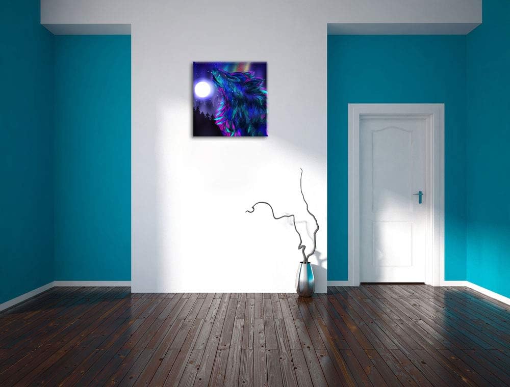Abstrakter Wolf mit Mond, Format: 70x70 auf Leinwand, XXL riesige Bilder fertig gerahmt mit Keilrahm