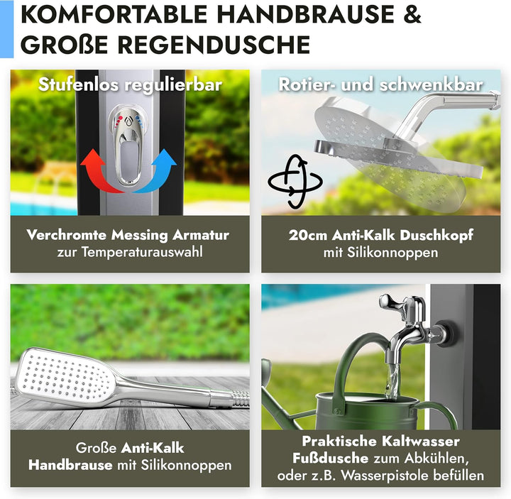 dirks-traumbad Solardusche Gartendusche 35 Liter mit Wasserhahn Schwarz für Garten Warm Kalt Dusche