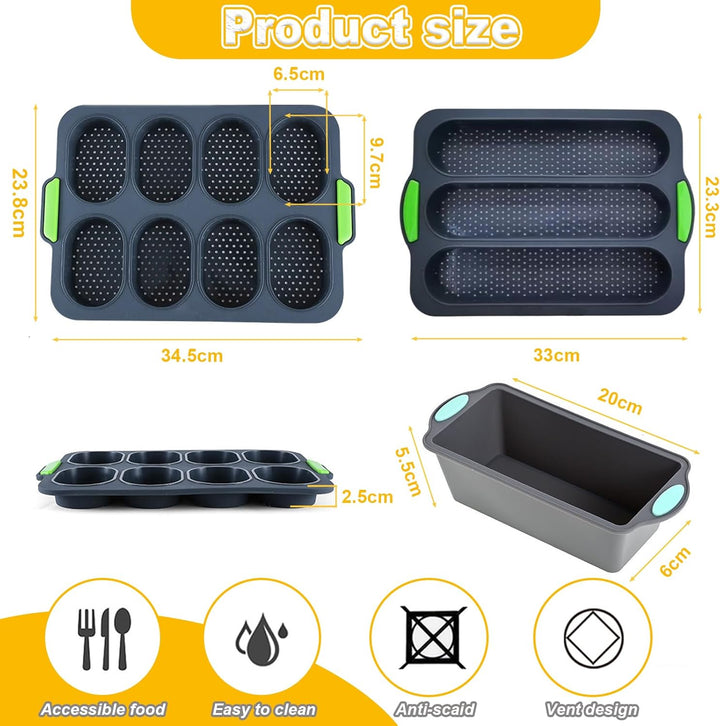 3 Stück Baguette Backform – Non-Stick & Baguette-Backblech, Hitzebeständig Brotbackform Silikon für