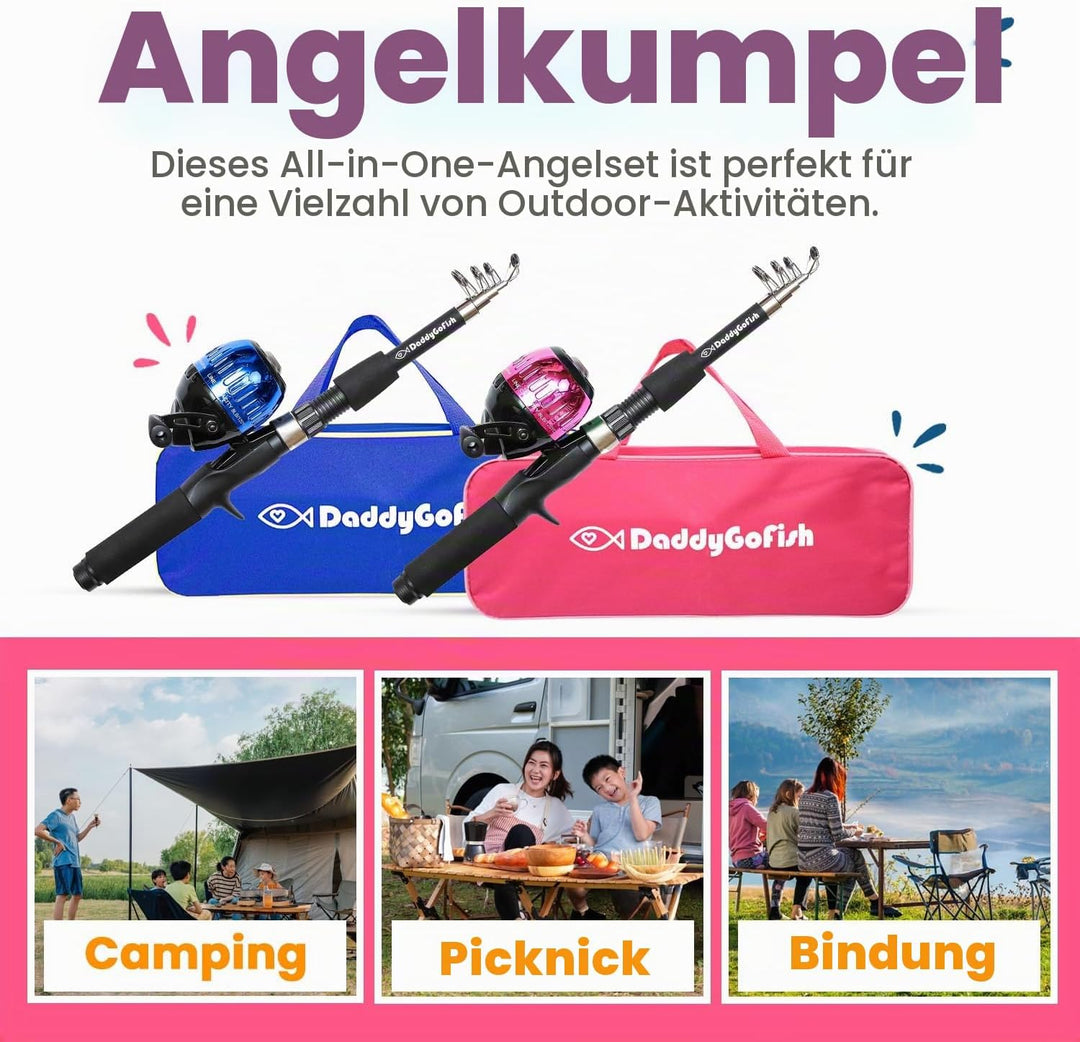 DaddyGoFish Kinder Angelset - Teleskoprute &amp; Rolle Combo mit Klappstuhl, Rutenhalter, Tackle Box, Kö