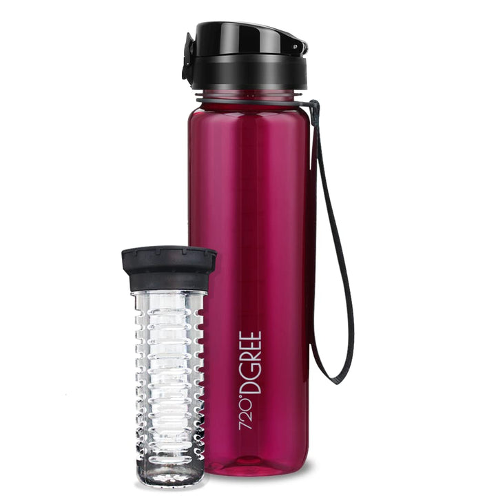 720°DGREE Trinkflasche 1l “uberBottle“ crystalClear +Früchtebehälter - BPA-Frei, Auslaufsicher - Was