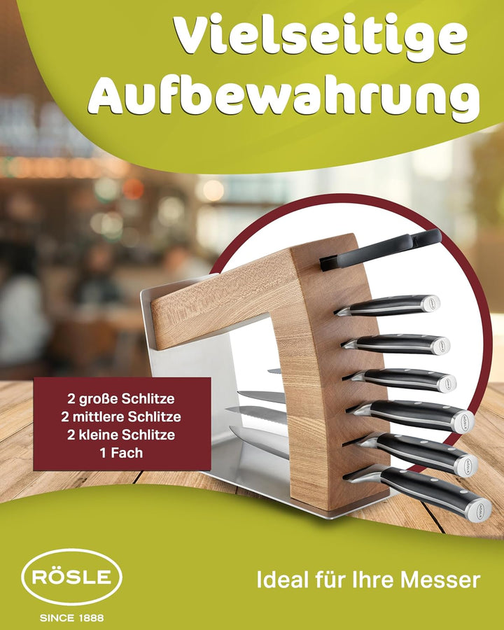 RÖSLE Messerblock MoveX, Hochwertiger Design-Messerblock aus Edelstahl und Ulmenholz, sichtbare Klin