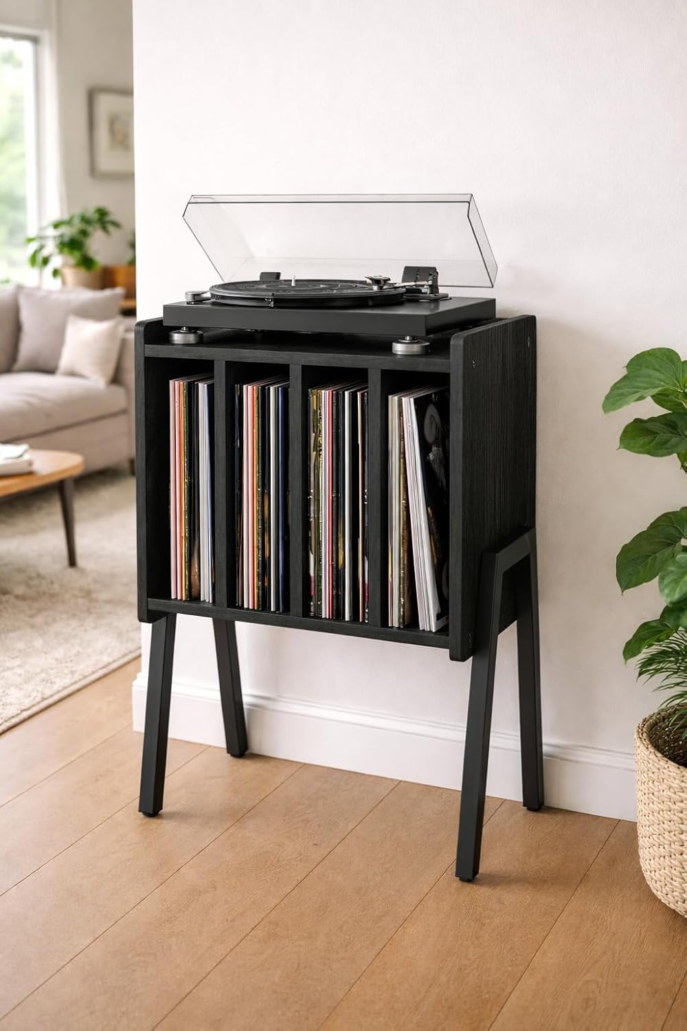 ACAZA Plattenspieler Tisch für Schallplatten Aufbewahrung – Schrank mit 4 Fächern – 40 x 30 x 66cm –