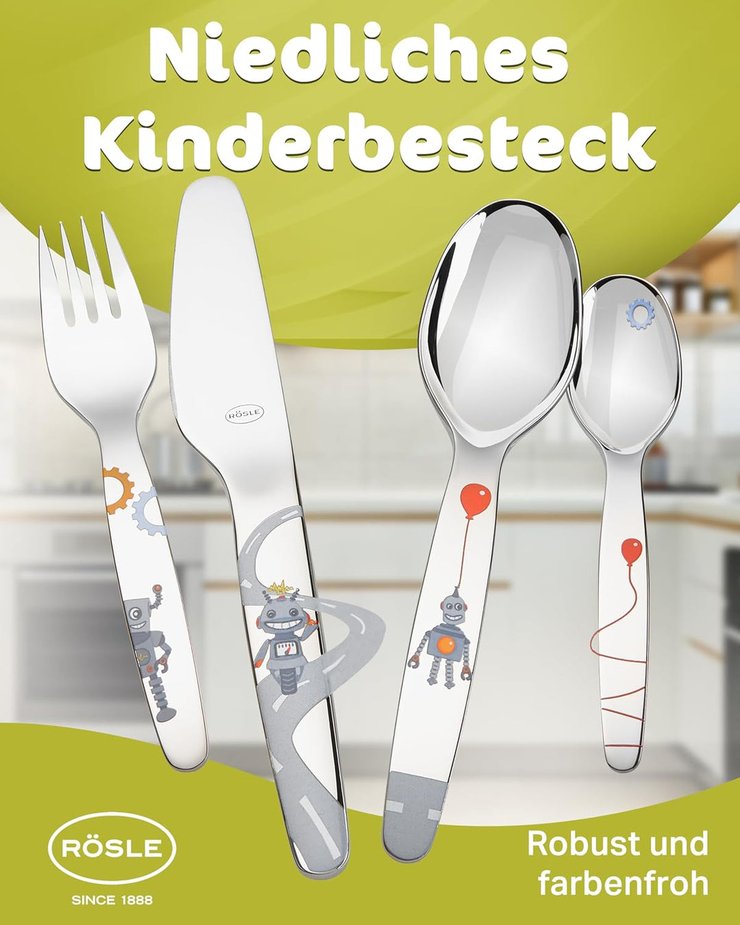 RÖSLE Kinderbesteck "Kleiner Roboter", 4-teilig, ab 3 Jahren, Edelstahl 18/10, Spülmaschinengeeignet